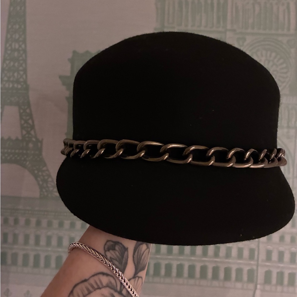Saks Fifth Avenue Black Wool Chain Trim Bucket Hat - Picture 7 of 8